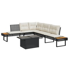 vidaXL 2-tlg. Garten-Sofagarnitur mit Kissen Schwarz Poly Rattan Glas