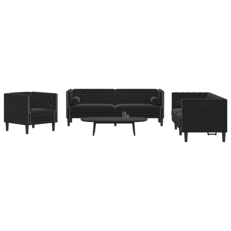 vidaXL 3-tlg. Chesterfield-Sofa-Set mit Nackenrollen Schwarz Samt vidaXL 3-tlg. Chesterfield-Sofa-Set mit Nackenrollen Schwarz Samt