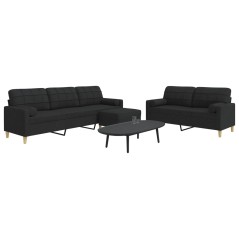 vidaXL 3-tlg. Sofagarnitur mit Fußhocker & Dekokissen Schwarz Stoff