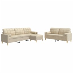 vidaXL 3-tlg. Sofagarnitur mit Fußhocker & Dekokissen Creme Stoff