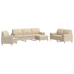 vidaXL 4-tlg. Sofagarnitur mit Fußhocker & Dekokissen Creme Stoff
