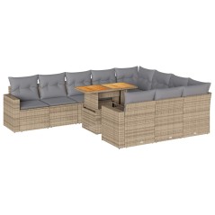 vidaXL 11-tlg. Garten-Sofagarnitur mit Kissen Beige Poly Rattan