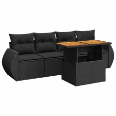 vidaXL 5-tlg. Garten-Sofagarnitur mit Kissen Schwarz Poly Rattan