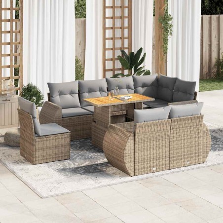 vidaXL 9-tlg. Garten-Sofagarnitur mit Kissen Beige Poly Rattan