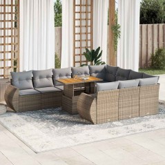 vidaXL 11-tlg. Garten-Sofagarnitur mit Kissen Beige Poly Rattan