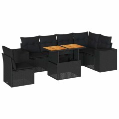 vidaXL 7-tlg. Garten-Sofagarnitur mit Kissen Schwarz Poly Rattan
