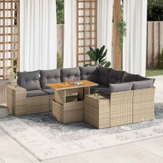 vidaXL 9-tlg. Garten-Sofagarnitur mit Kissen Beige Poly Rattan