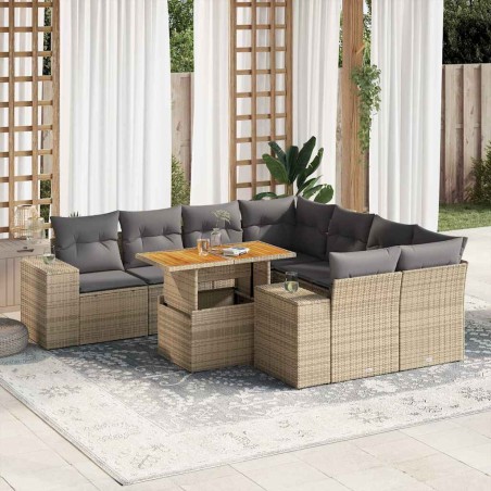 vidaXL 9-tlg. Garten-Sofagarnitur mit Kissen Beige Poly Rattan