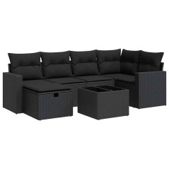 vidaXL 7-tlg. Garten-Sofagarnitur mit Kissen Schwarz Poly Rattan