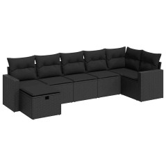 vidaXL 7-tlg. Garten-Sofagarnitur mit Kissen Schwarz Poly Rattan