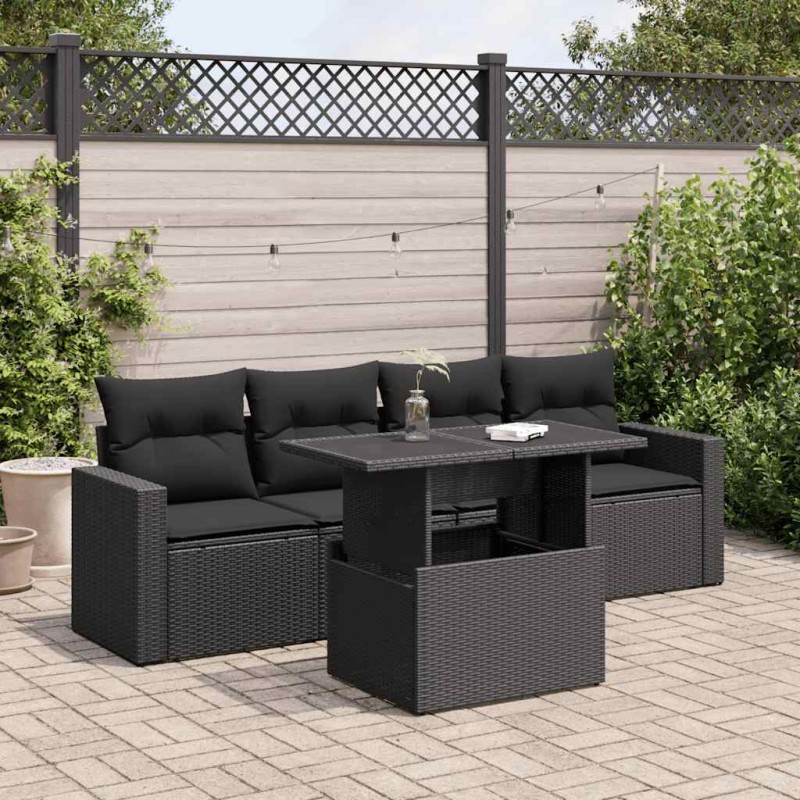 vidaXL 5-tlg. Garten-Sofagarnitur mit Kissen Schwarz Poly Rattan vidaXL 5-tlg. Garten-Sofagarnitur mit Kissen Schwarz Poly Rattan