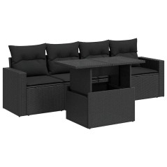vidaXL 5-tlg. Garten-Sofagarnitur mit Kissen Schwarz Poly Rattan