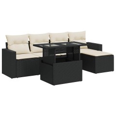 vidaXL 6-tlg. Garten-Sofagarnitur mit Kissen Schwarz Poly Rattan