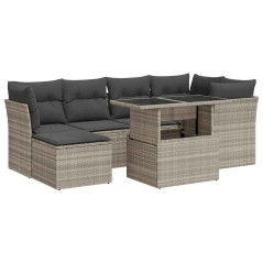 vidaXL 7-tlg. Garten-Sofagarnitur mit Kissen Hellgrau Poly Rattan