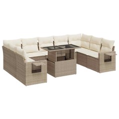 vidaXL 10-tlg. Garten-Sofagarnitur mit Kissen Beige Poly Rattan
