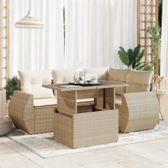 vidaXL 5-tlg. Garten-Sofagarnitur mit Kissen Beige Poly Rattan