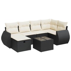 vidaXL 7-tlg. Garten-Sofagarnitur mit Kissen Schwarz Poly Rattan
