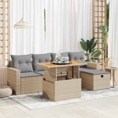 vidaXL 6-tlg. Garten-Sofagarnitur mit Kissen Beige Poly Rattan Akazie