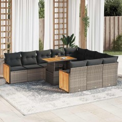 vidaXL 11-tlg. Garten-Sofagarnitur mit Kissen Grau Poly Rattan Akazie