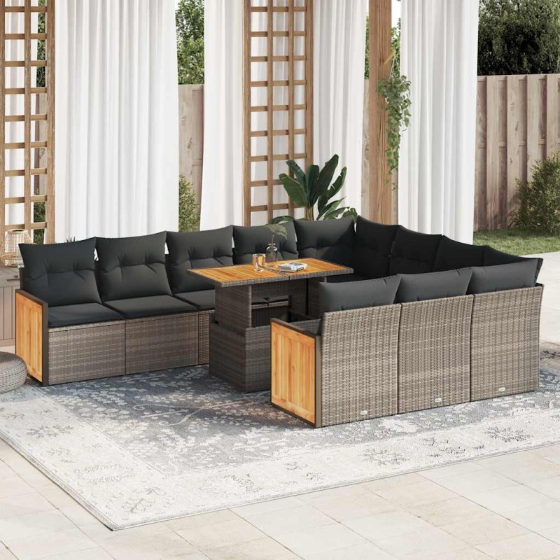 vidaXL 11-tlg. Garten-Sofagarnitur mit Kissen Grau Poly Rattan Akazie vidaXL 11-tlg. Garten-Sofagarnitur mit Kissen Grau Poly Rattan Akazie