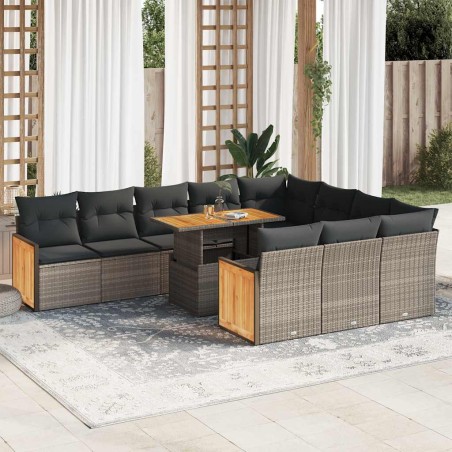 vidaXL 11-tlg. Garten-Sofagarnitur mit Kissen Grau Poly Rattan Akazie