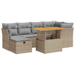 vidaXL 7-tlg. Garten-Sofagarnitur mit Kissen Beige Poly Rattan Akazie