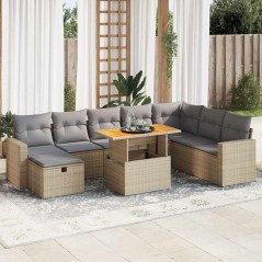 vidaXL 9-tlg. Garten-Sofagarnitur mit Kissen Beige Poly Rattan Akazie