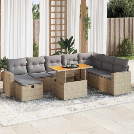vidaXL 9-tlg. Garten-Sofagarnitur mit Kissen Beige Poly Rattan Akazie