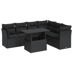 vidaXL 7-tlg. Garten-Sofagarnitur mit Kissen Schwarz Poly Rattan