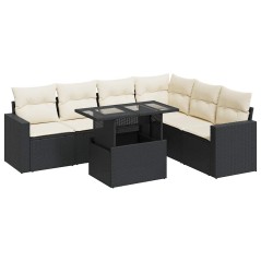 vidaXL 7-tlg. Garten-Sofagarnitur mit Kissen Schwarz Poly Rattan