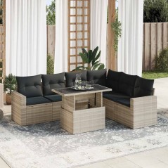 vidaXL 7-tlg. Garten-Sofagarnitur mit Kissen Hellgrau Poly Rattan