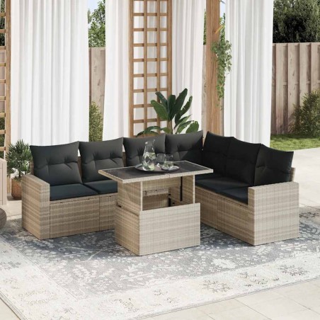 vidaXL 7-tlg. Garten-Sofagarnitur mit Kissen Hellgrau Poly Rattan