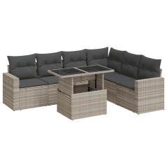 vidaXL 7-tlg. Garten-Sofagarnitur mit Kissen Hellgrau Poly Rattan