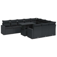 vidaXL 11-tlg. Garten-Sofagarnitur mit Kissen Schwarz Poly Rattan