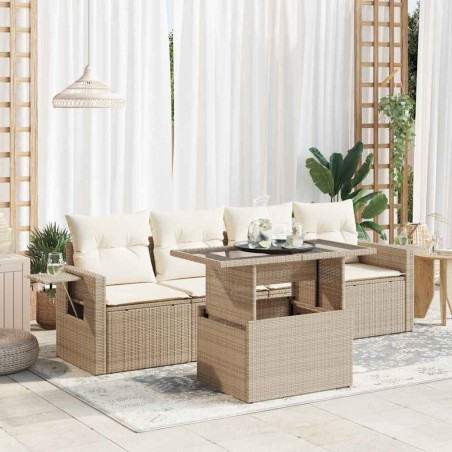 vidaXL 5-tlg. Garten-Sofagarnitur mit Kissen Beige Poly Rattan