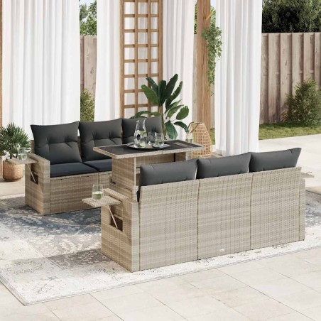 vidaXL 7-tlg. Garten-Sofagarnitur mit Kissen Hellgrau Poly Rattan