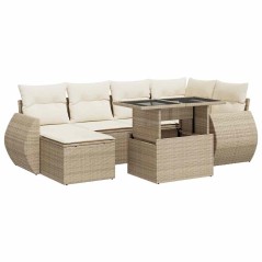 vidaXL 7-tlg. Garten-Sofagarnitur mit Kissen Beige Poly Rattan