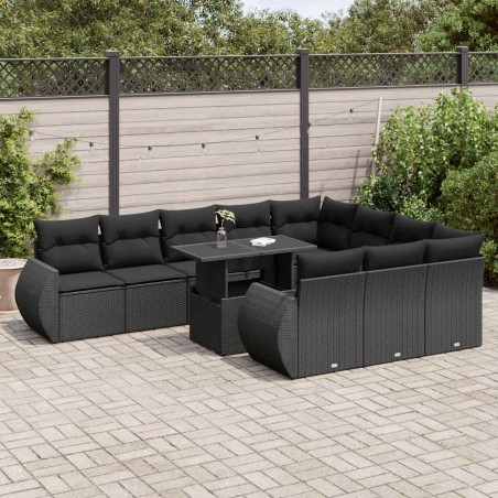vidaXL 11-tlg. Garten-Sofagarnitur mit Kissen Schwarz Poly Rattan