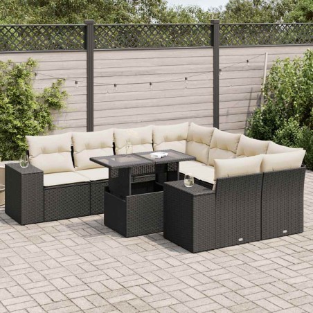 vidaXL 9-tlg. Garten-Sofagarnitur mit Kissen Schwarz Poly Rattan