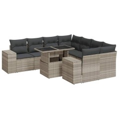 vidaXL 9-tlg. Garten-Sofagarnitur mit Kissen Hellgrau Poly Rattan