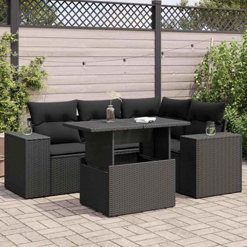 vidaXL 5-tlg. Garten-Sofagarnitur mit Kissen Schwarz Poly Rattan vidaXL 5-tlg. Garten-Sofagarnitur mit Kissen Schwarz Poly Rattan