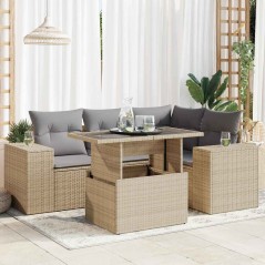 vidaXL 5-tlg. Garten-Sofagarnitur mit Kissen Beige Poly Rattan