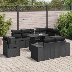 vidaXL 9-tlg. Garten-Sofagarnitur mit Kissen Schwarz Poly Rattan