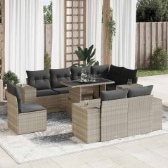 vidaXL 9-tlg. Garten-Sofagarnitur mit Kissen Hellgrau Poly Rattan