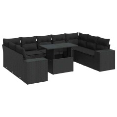 vidaXL 10-tlg. Garten-Sofagarnitur mit Kissen Schwarz Poly Rattan