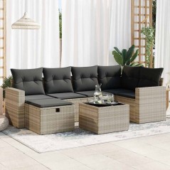 vidaXL 7-tlg. Garten-Sofagarnitur mit Kissen Hellgrau Poly Rattan