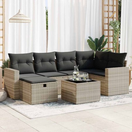 vidaXL 7-tlg. Garten-Sofagarnitur mit Kissen Hellgrau Poly Rattan
