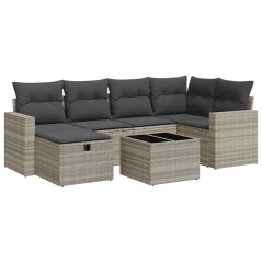 vidaXL 7-tlg. Garten-Sofagarnitur mit Kissen Hellgrau Poly Rattan