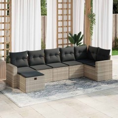 vidaXL 7-tlg. Garten-Sofagarnitur mit Kissen Hellgrau Poly Rattan