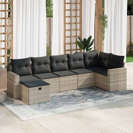 vidaXL 7-tlg. Garten-Sofagarnitur mit Kissen Hellgrau Poly Rattan